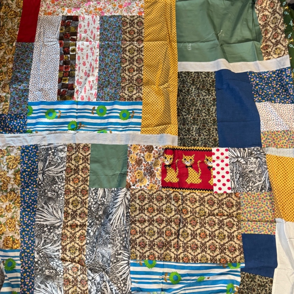 Vintage Handmade Patchwork Quilt Top Retro 60s 70s Fabric Cat Floral 58x70